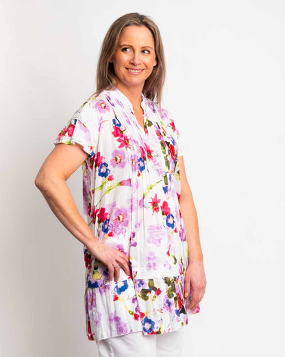 Pleated V-neck Tunic Top with Double Layer Cap Sleeve
