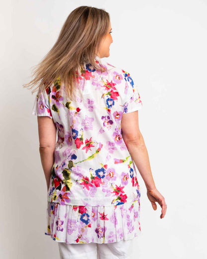 Pleated V-neck Tunic Top with Double Layer Cap Sleeve