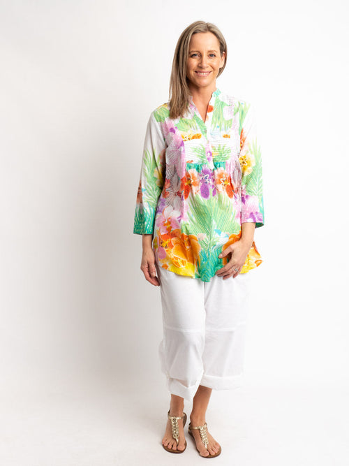 Versatile Summer Top in Green Orange Floral