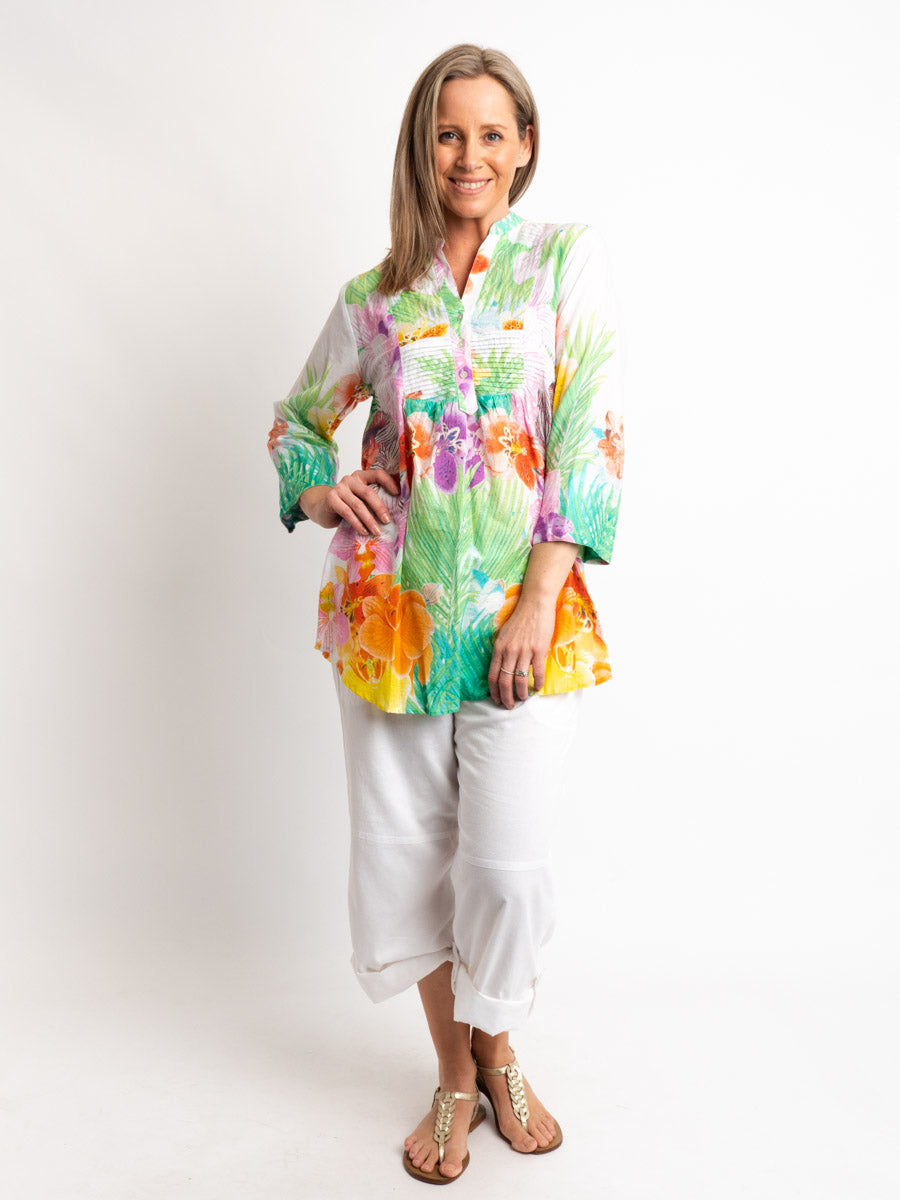 Versatile Summer Top in Green Orange Floral