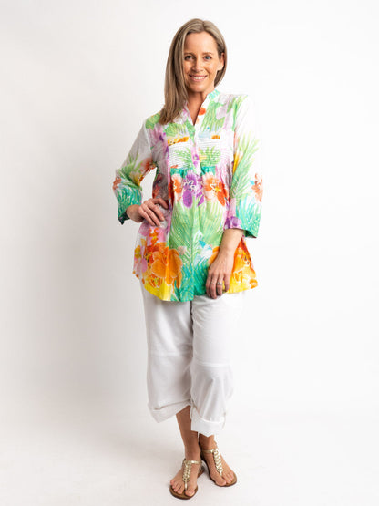 Versatile Summer Top in Green Orange Floral