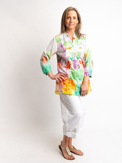 Versatile Summer Top in Green Orange Floral