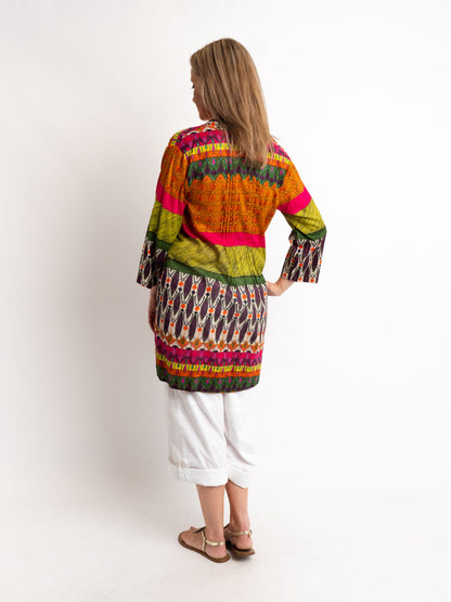 Pleated Long V-neck Top in Fiesta Print