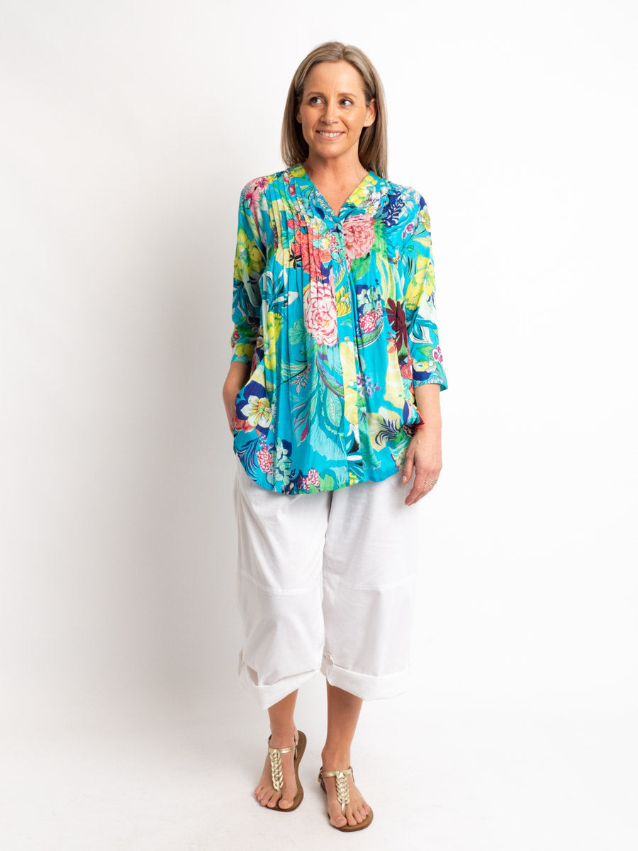 Long Button Through Pleated Shirt in Azure Floral