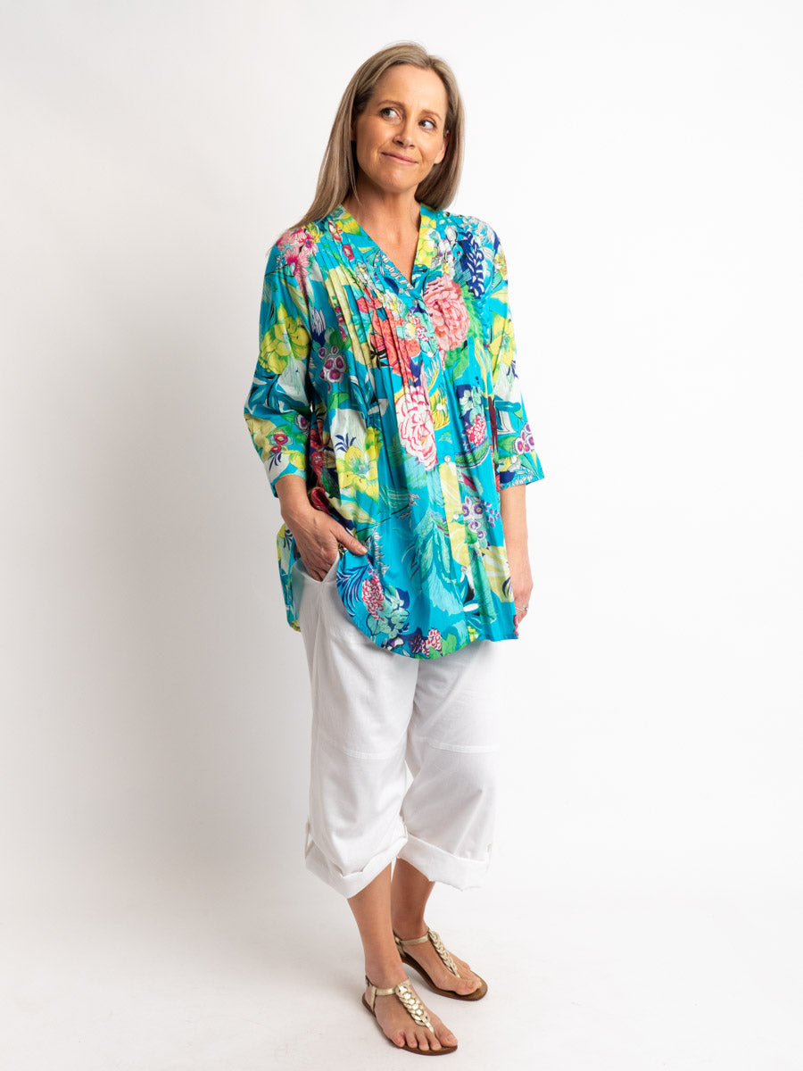 Long Button Through Pleated Shirt in Azure Floral