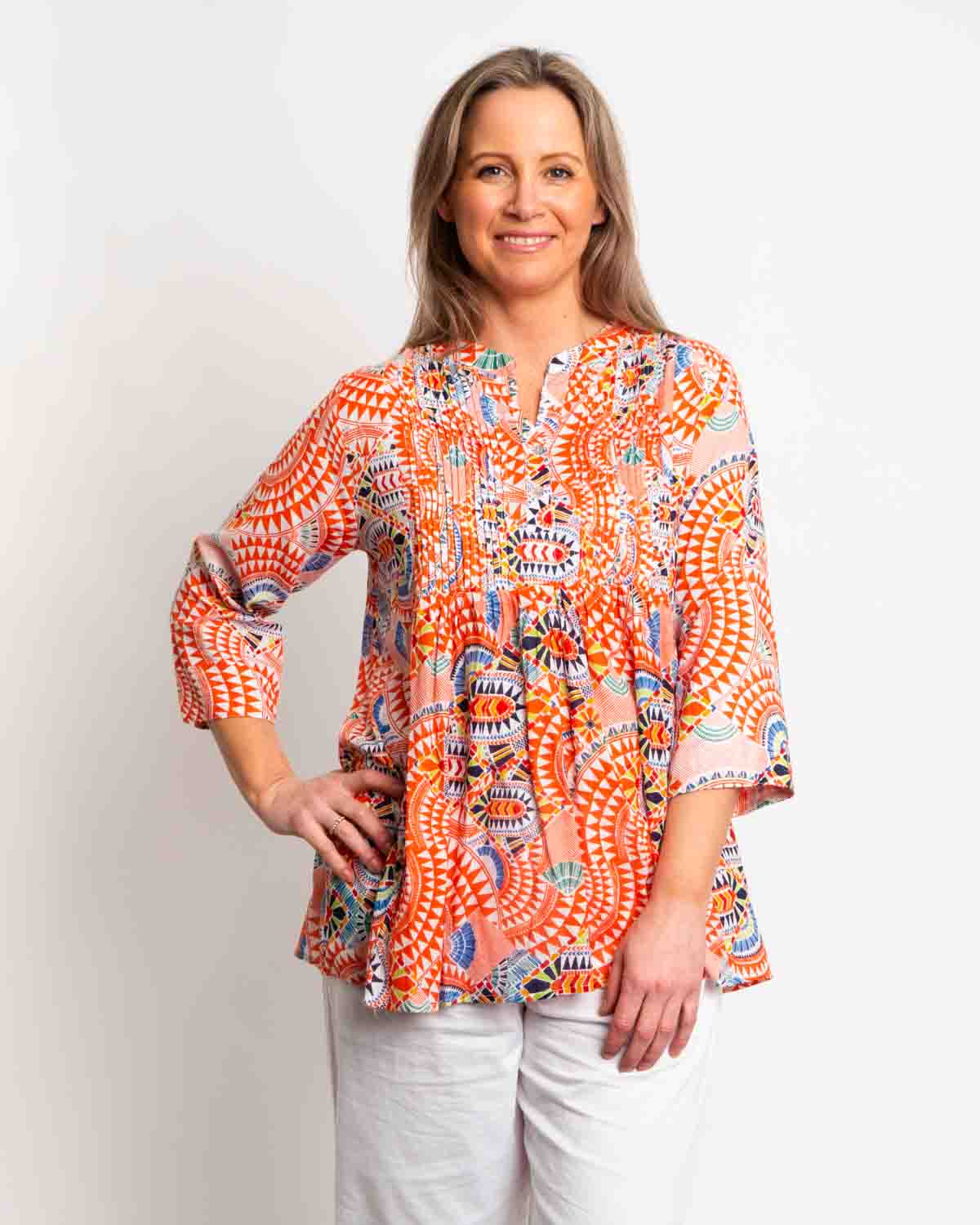 Bribie Top in Coral Geo Print