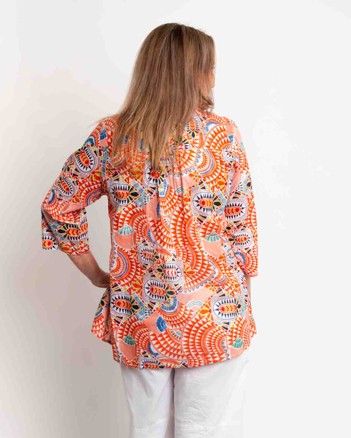 Bribie Top in Coral Geo Print