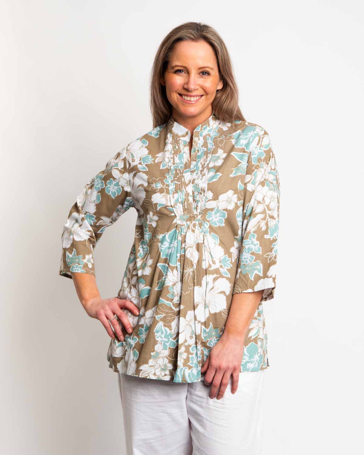 Sleeved and Pleated Summer Top in Olive Green Floral