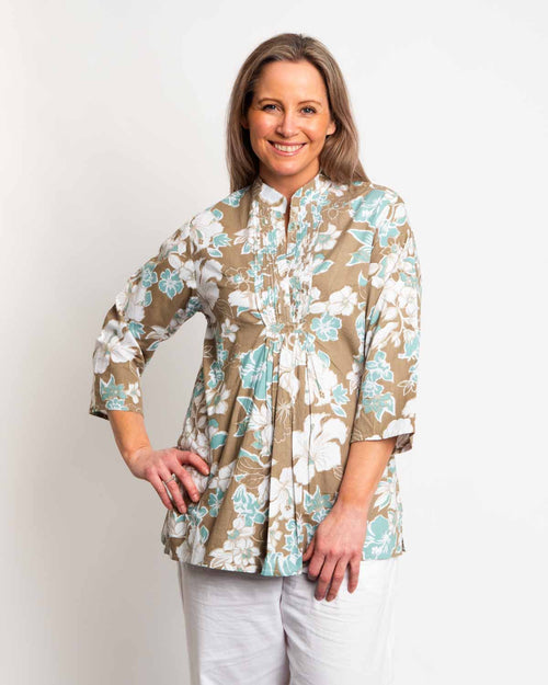 Sleeved and Pleated Summer Top in Olive Green Floral