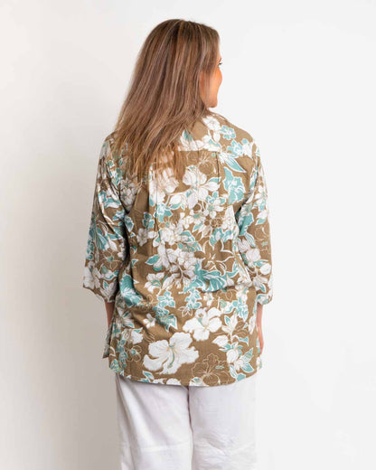Sleeved and Pleated Summer Top in Olive Green Floral