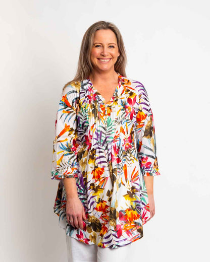 Long Pleated Top with Subtle Frills and 3/4 Raglan Sleeve in White Jungle Leaves