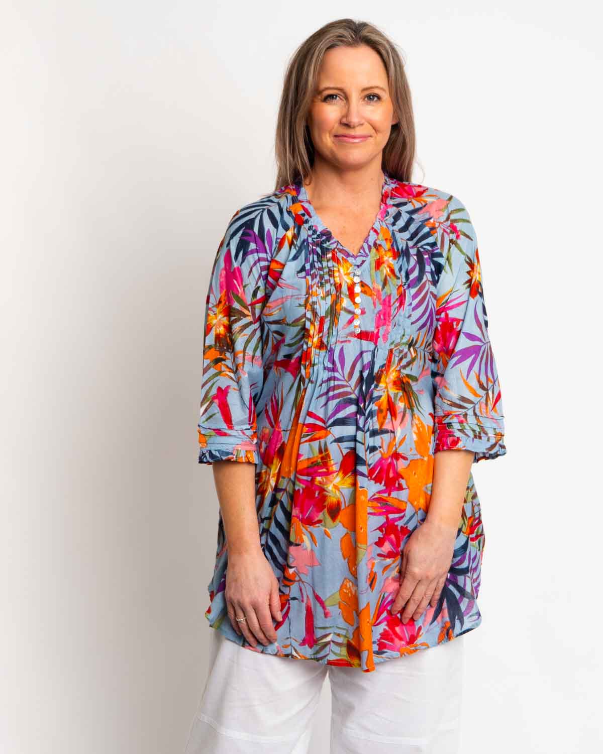Long Pleated Top with Subtle Frills and 3/4 Raglan Sleeve in Grey Blue Jungle Leaves