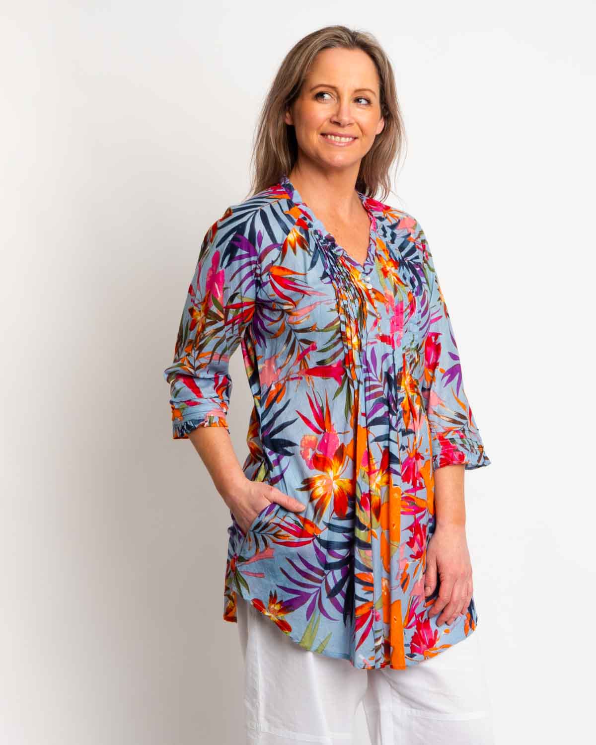 Long Pleated Top with Subtle Frills and 3/4 Raglan Sleeve in Grey Blue Jungle Leaves