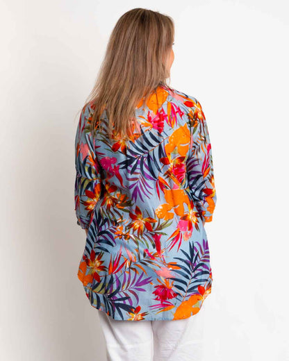Long Pleated Top with Subtle Frills and 3/4 Raglan Sleeve in Grey Blue Jungle Leaves