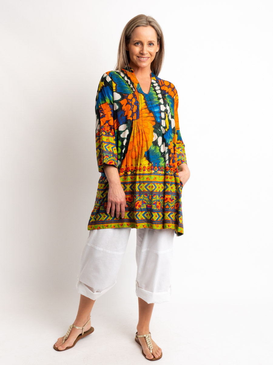 Pleated Long V-neck Top in Orange Butterfly Wing