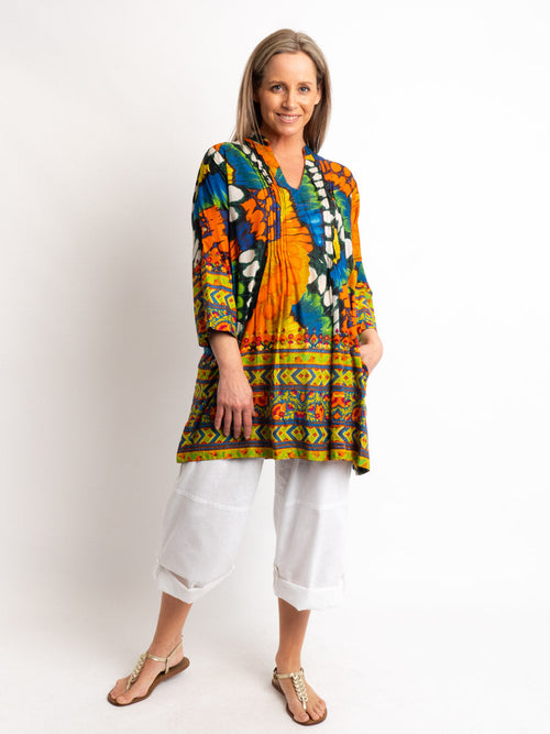Pleated Long V-neck Top in Orange Butterfly Wing