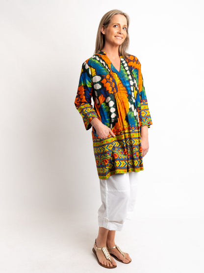 Pleated Long V-neck Top in Orange Butterfly Wing