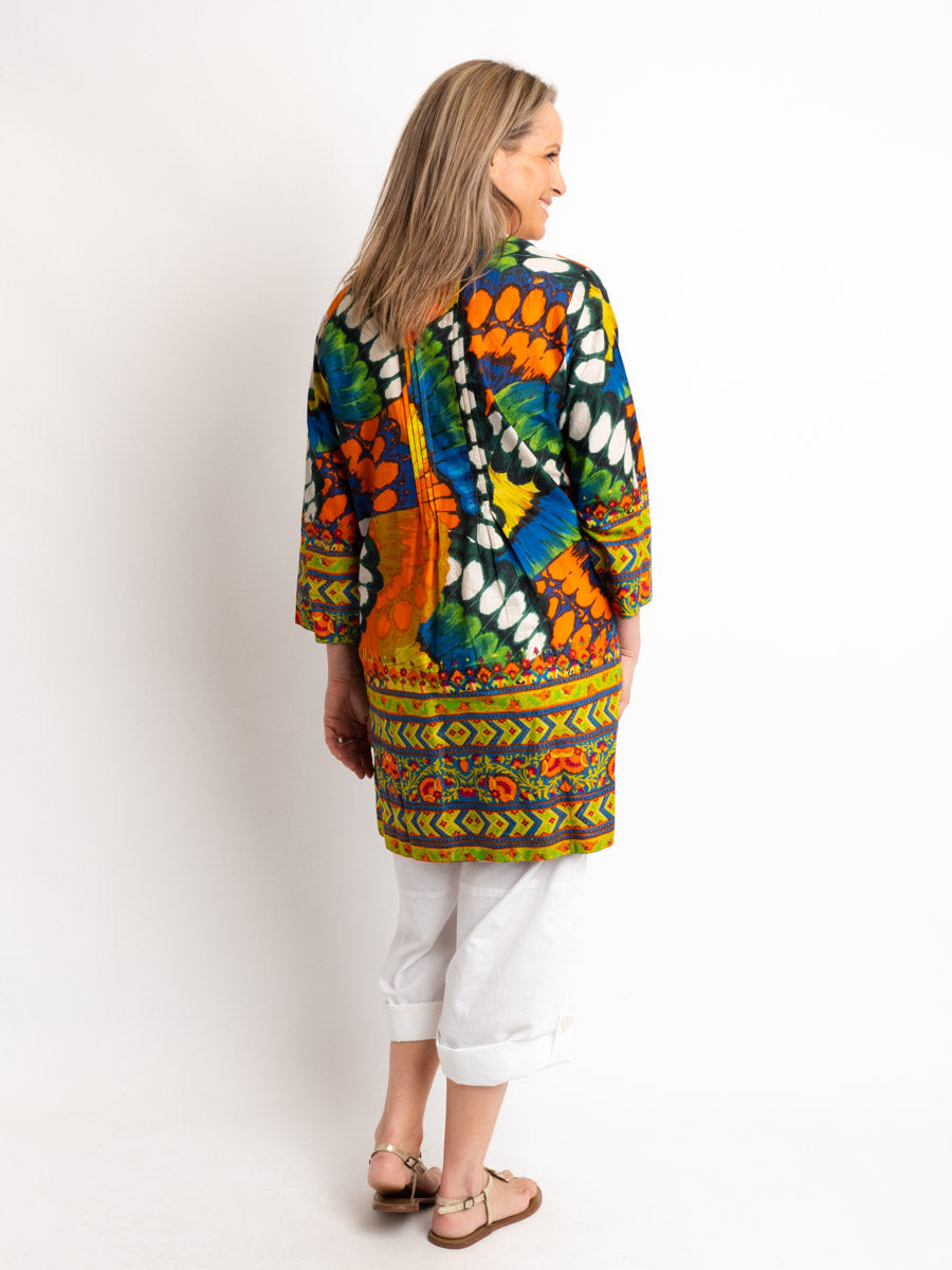 Pleated Long V-neck Top in Orange Butterfly Wing