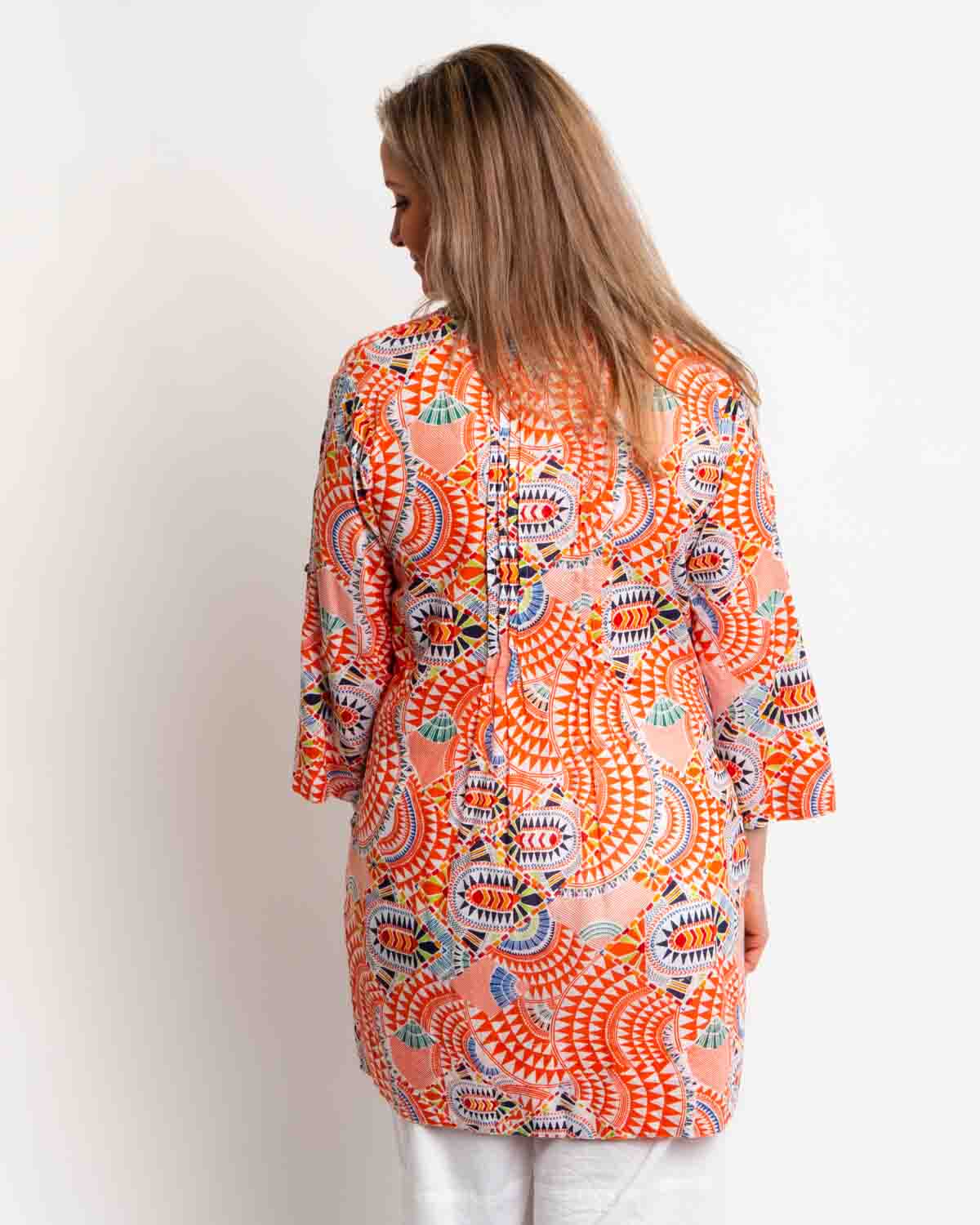 Pleated Long V-neck Top in Orange Geo