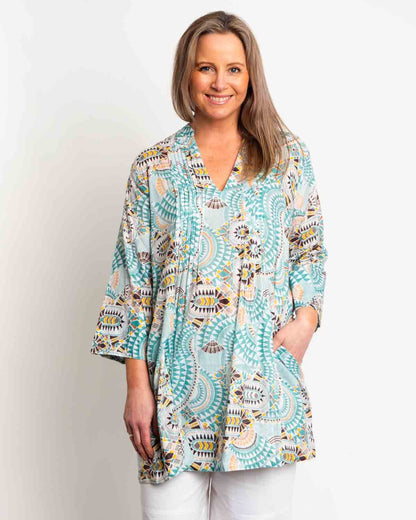 Pleated Long V-neck Top in Aqua Geo