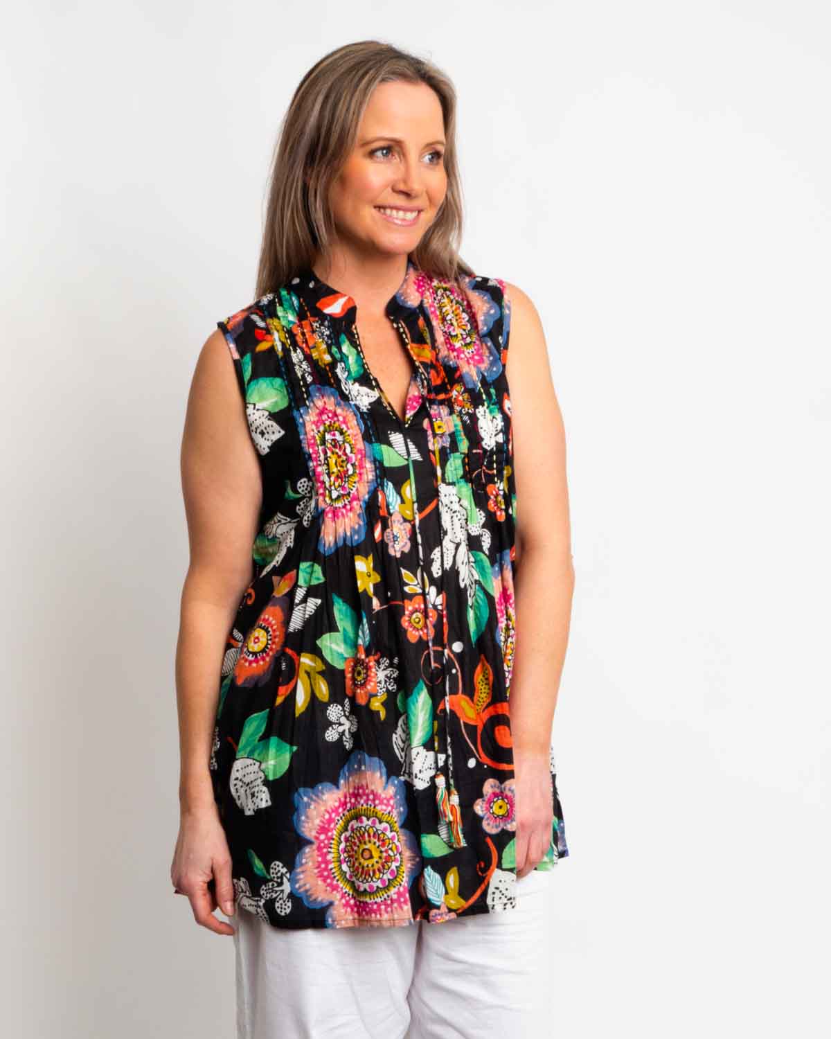 Embroidered Sleeveless Long Top in Black Pink Garden Print