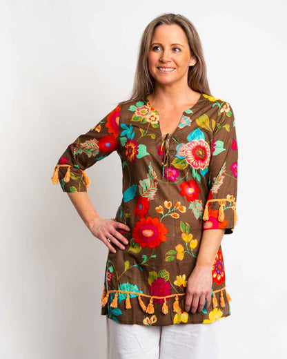 Kurta Style Top in Chocolate Floral Print