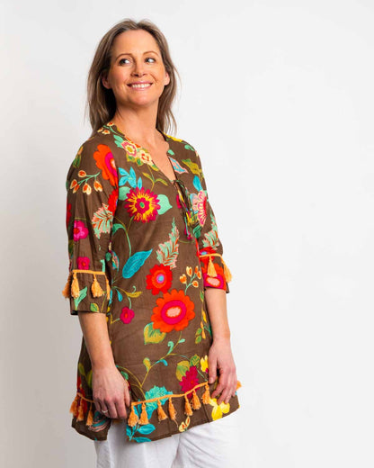 Kurta Style Top in Chocolate Floral Print
