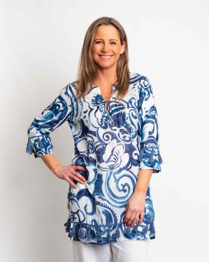 Kurta Style Top in Denim Swirl Print