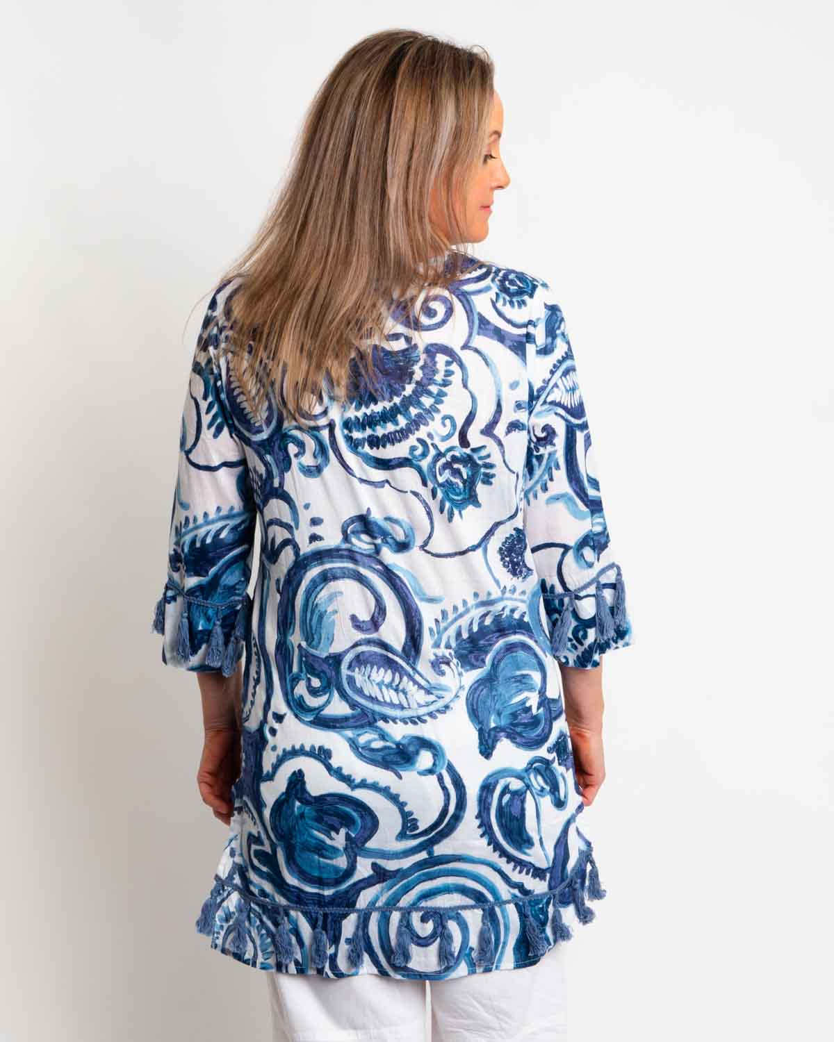 Kurta Style Top in Denim Swirl Print