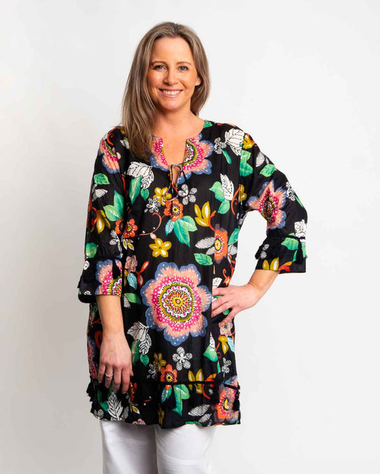Kurta Style Top in Black Floral