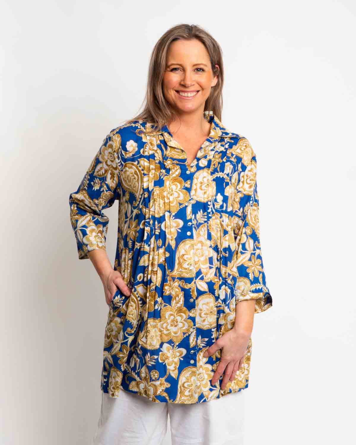 Long Collared Pleated Shirt in Brocade Blue