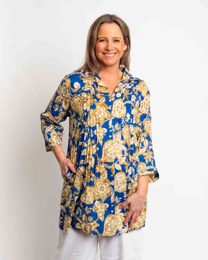 Long Collared Pleated Shirt in Brocade Blue