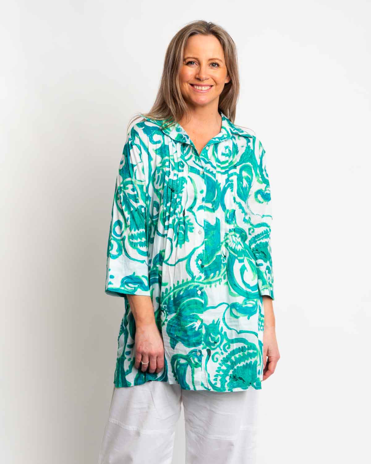 Long Collared Pleated Shirt in Green Swirl