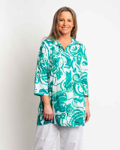 Long Collared Pleated Shirt in Green Swirl