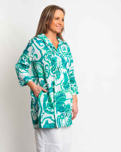 Long Collared Pleated Shirt in Green Swirl
