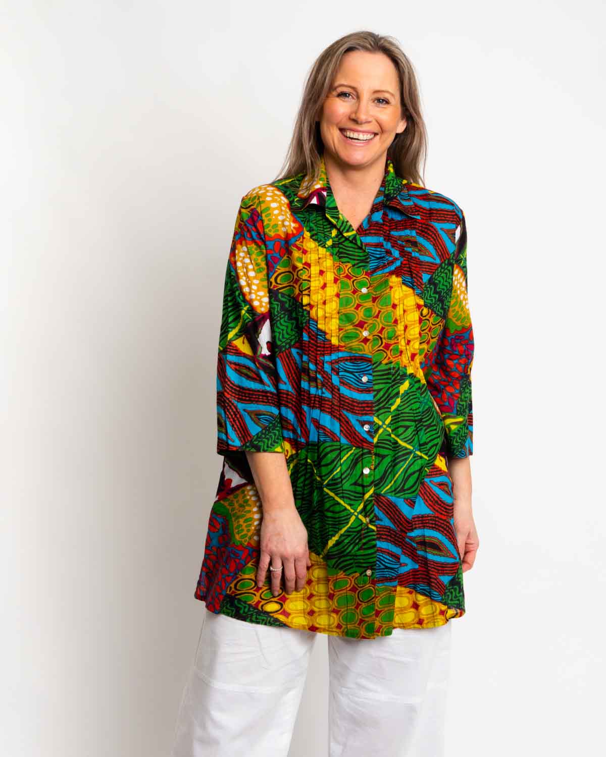 Long Collared Pleated Shirt in Green Festival