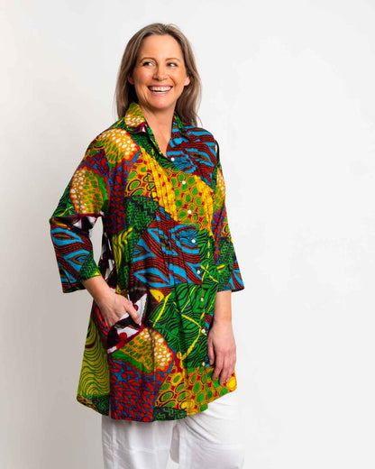 Long Collared Pleated Shirt in Green Festival