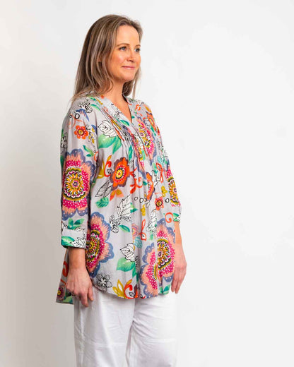 Palm Cove Top in Grey Pink Garden