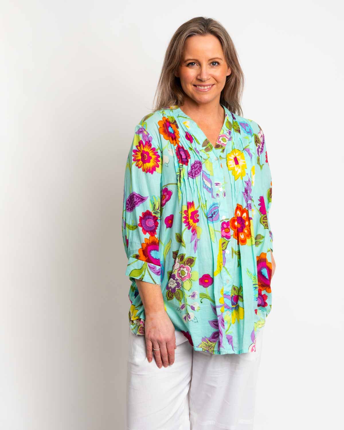 Palm Cove Top in Aqua Floral