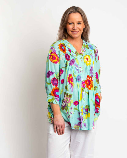 Palm Cove Top in Aqua Floral