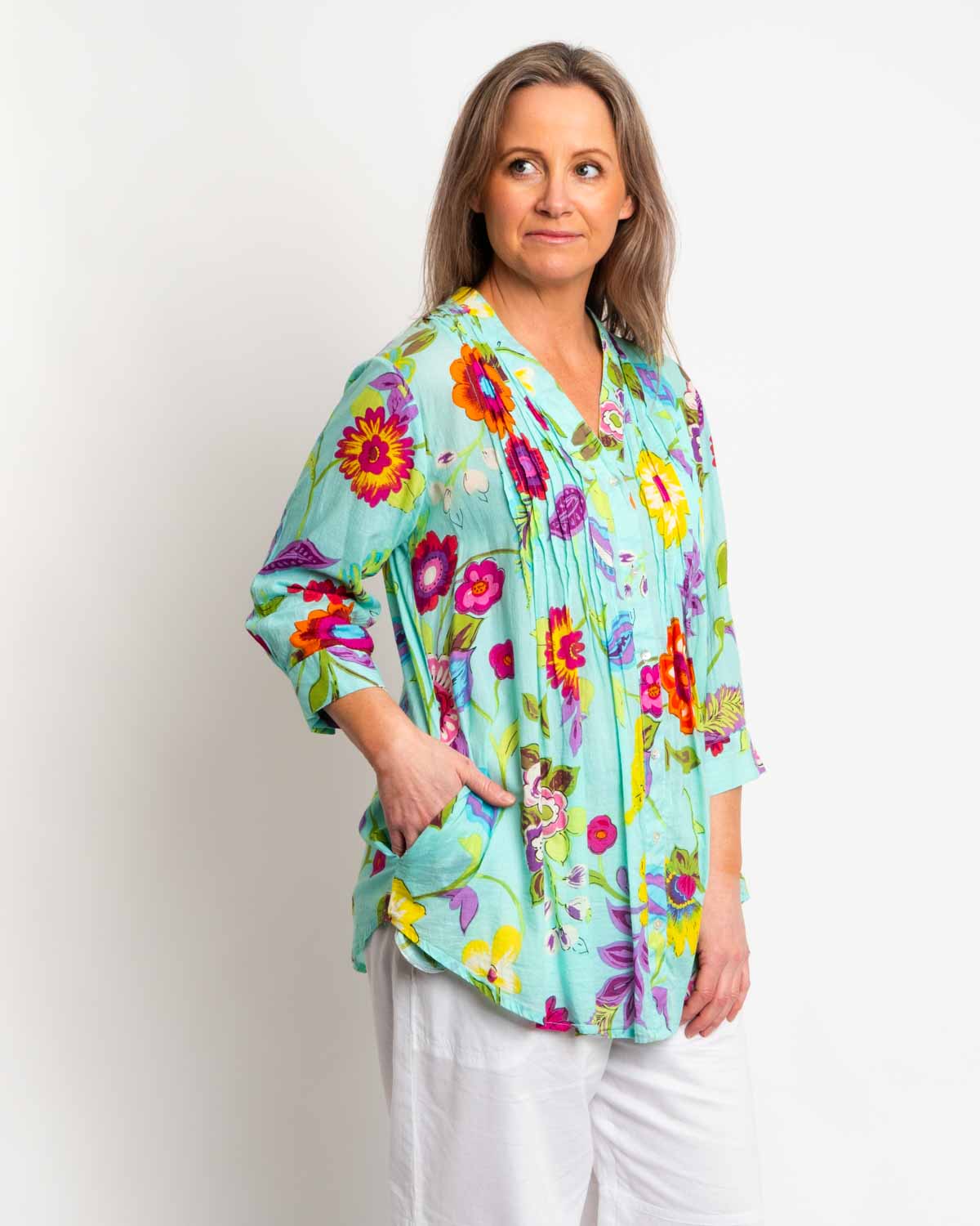 Palm Cove Top in Aqua Floral