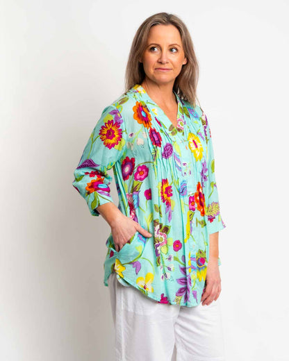 Palm Cove Top in Aqua Floral