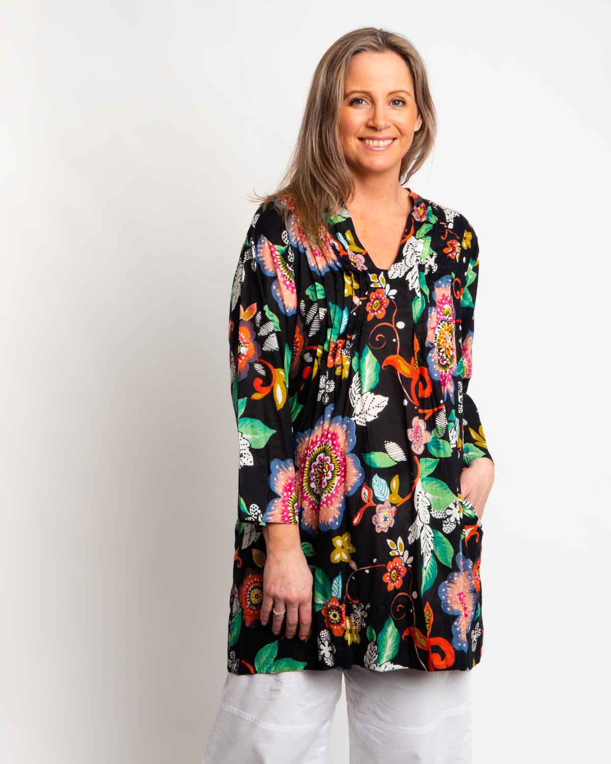 Tully Top in Black Pink Garden