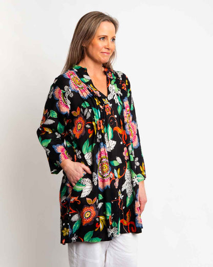 Tully Top in Black Pink Garden
