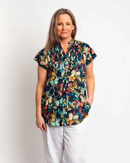 Magnetic Cap Sleeve Shirt in Navy Butterfly