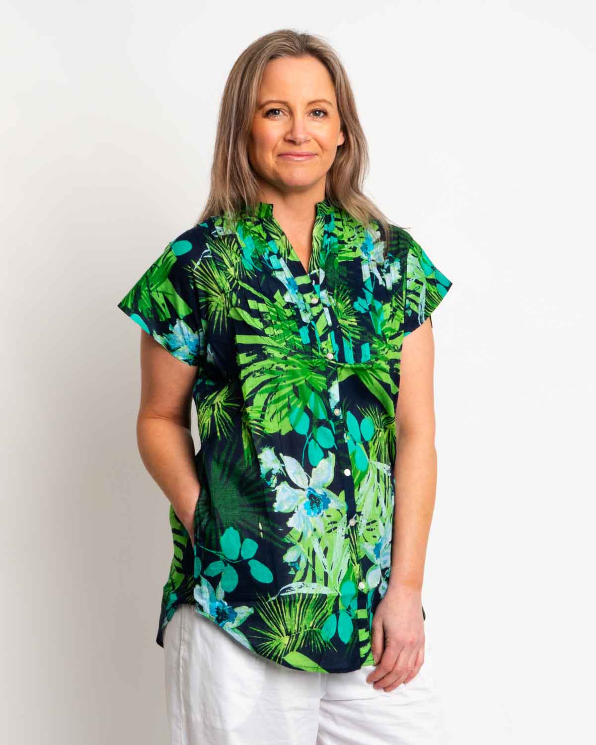 Magnetic Cap Sleeve Shirt in Lime Green Garden