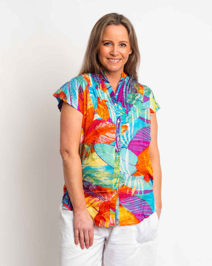 Magnetic Cap Sleeve Shirt in Turquoise Orange
