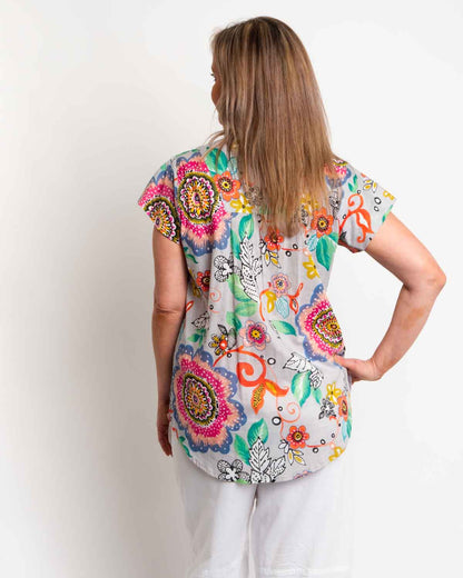 Magnetic Cap Sleeve Shirt in Grey Pink Garden