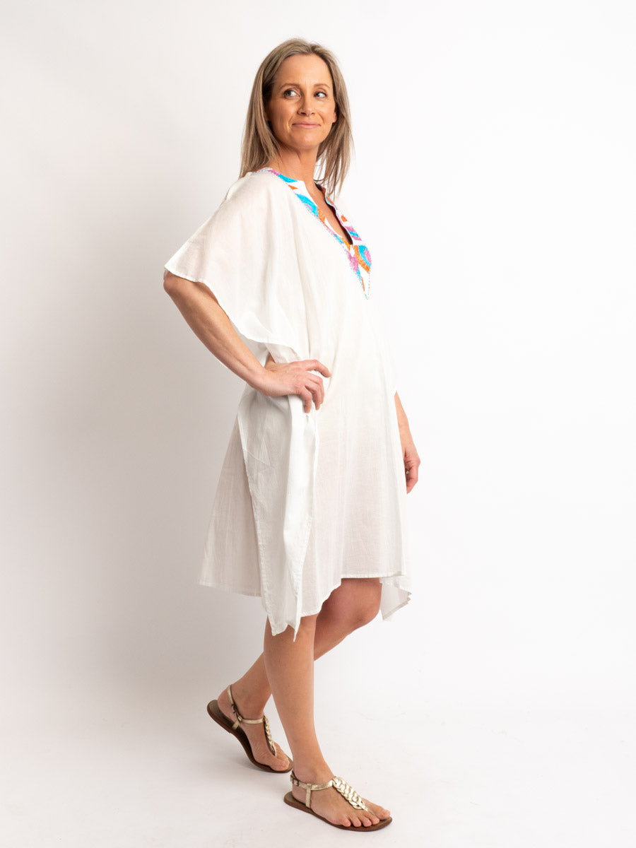 Beaded V-neck Flowing White Kaftan