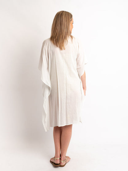 Beaded V-neck Flowing White Kaftan